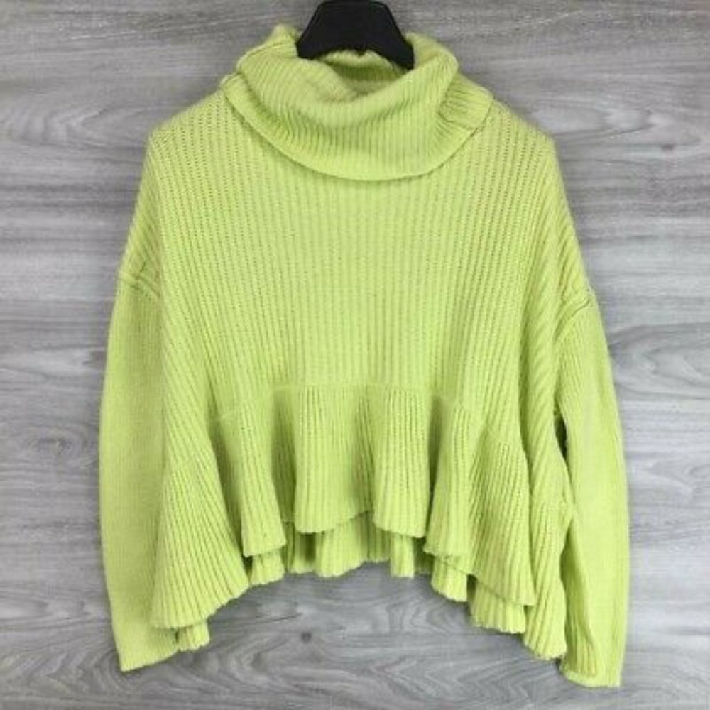 FREE PEOPLE | Neon Lime Green Cowl Neck Ruffle Hem Layer Cake Boho Knit Sweater